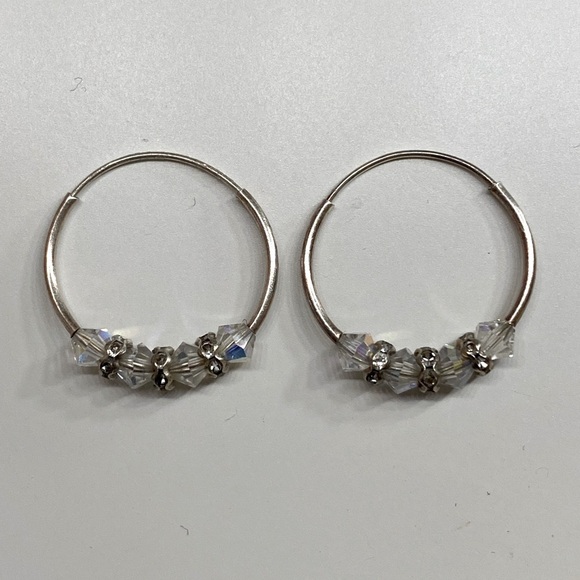 Elegant Silver Hoop Earrings with Clear beads  Accents - Picture 1 of 5